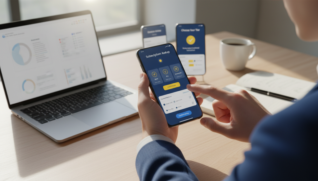 A modern mobile app interface centered on a subscription payment setup, showcasing a user-friendly design with vibrant colors and intuitive navigation elements. In the foreground, display a smartphone held by a person in professional attire, fingers poised over the screen, depicting engagement with the app. The middle ground features various app features such as subscription tiers, payment options, and confirmation screens, emphasizing clarity and ease of use. The background should feature a sleek workspace with soft, natural lighting, creating a welcoming atmosphere. Include subtle visual hints like a laptop and notepad to suggest a tech-savvy, professional environment, captured from a slightly elevated angle to enhance depth and focus on the mobile device. A modern mobile app interface centered on a subscription payment setup, showcasing a user-friendly design with vibrant colors and intuitive navigation elements. In the foreground, display a smartphone held by a person in professional attire, fingers poised over the screen, depicting engagement with the app. The middle ground features various app features such as subscription tiers, payment options, and confirmation screens, emphasizing clarity and ease of use. The background should feature a sleek workspace with soft, natural lighting, creating a welcoming atmosphere. Include subtle visual hints like a laptop and notepad to suggest a tech-savvy, professional environment, captured from a slightly elevated angle to enhance depth and focus on the mobile device.