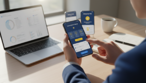 A modern mobile app interface centered on a subscription payment setup, showcasing a user-friendly design with vibrant colors and intuitive navigation elements. In the foreground, display a smartphone held by a person in professional attire, fingers poised over the screen, depicting engagement with the app. The middle ground features various app features such as subscription tiers, payment options, and confirmation screens, emphasizing clarity and ease of use. The background should feature a sleek workspace with soft, natural lighting, creating a welcoming atmosphere. Include subtle visual hints like a laptop and notepad to suggest a tech-savvy, professional environment, captured from a slightly elevated angle to enhance depth and focus on the mobile device.