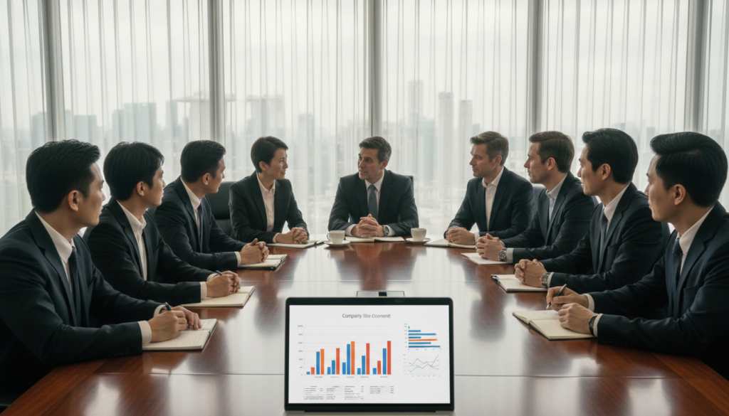 A modern office boardroom setup, featuring a large oval conference table surrounded by diverse business professionals in formal attire, engaged in discussion. The foreground shows a close-up of a laptop displaying charts and graphs, symbolizing company performance. In the middle, the professionals appear animated and focused, with a mix of ethnicities and genders, representing a global approach to business. The background reveals a large window with a view of Singapore's skyline, bathed in soft daylight filtering through sheer curtains, creating a warm and inviting ambiance. The mood is collaborative and professional, with realistic lighting highlighting the expressions and engagement of the individuals. The image will be photorealistic, capturing the essence of a dynamic corporate environment suitable for serious business discussions.
