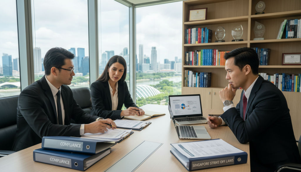 A modern office environment featuring a diverse group of clients engaged in a serious discussion about compliance, reflecting the implications of the Singapore strike off laws. In the foreground, three professionals in smart business attire—two men and one woman—are seated around a glossy conference table, examining legal documents and laptops. In the middle ground, a large window reveals a panoramic view of Singapore’s skyline, showcasing iconic buildings under a bright, natural light. The background should include shelves filled with books and awards, emphasizing professionalism. The mood is focused and collaborative, with a sense of urgency as the clients navigate compliance challenges, set in a photorealistic style with a tight lens focus to capture expressions and details vividly. A modern office environment featuring a diverse group of clients engaged in a serious discussion about compliance, reflecting the implications of the Singapore strike off laws. In the foreground, three professionals in smart business attire—two men and one woman—are seated around a glossy conference table, examining legal documents and laptops. In the middle ground, a large window reveals a panoramic view of Singapore’s skyline, showcasing iconic buildings under a bright, natural light. The background should include shelves filled with books and awards, emphasizing professionalism. The mood is focused and collaborative, with a sense of urgency as the clients navigate compliance challenges, set in a photorealistic style with a tight lens focus to capture expressions and details vividly.