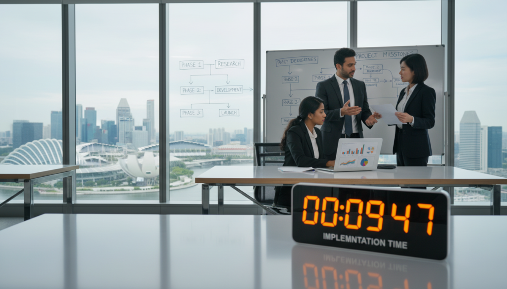 A modern office environment focused on "implementation time," featuring a diverse team of three professionals in business attire: a South Asian woman analyzing data on a laptop, a Middle Eastern man discussing with a Singaporean woman holding a chart. In the foreground, a digital clock on a sleek desk shows the time, emphasizing efficiency. In the middle ground, a large whiteboard displays flowcharts and timelines related to project planning. The background includes city skyline windows showcasing Singapore’s architecture, allowing natural light to flood the room, creating a bright atmosphere. The perspective is slightly angled, capturing both the team collaboration and the workspace, conveying a sense of urgency and professionalism in an innovative setting.