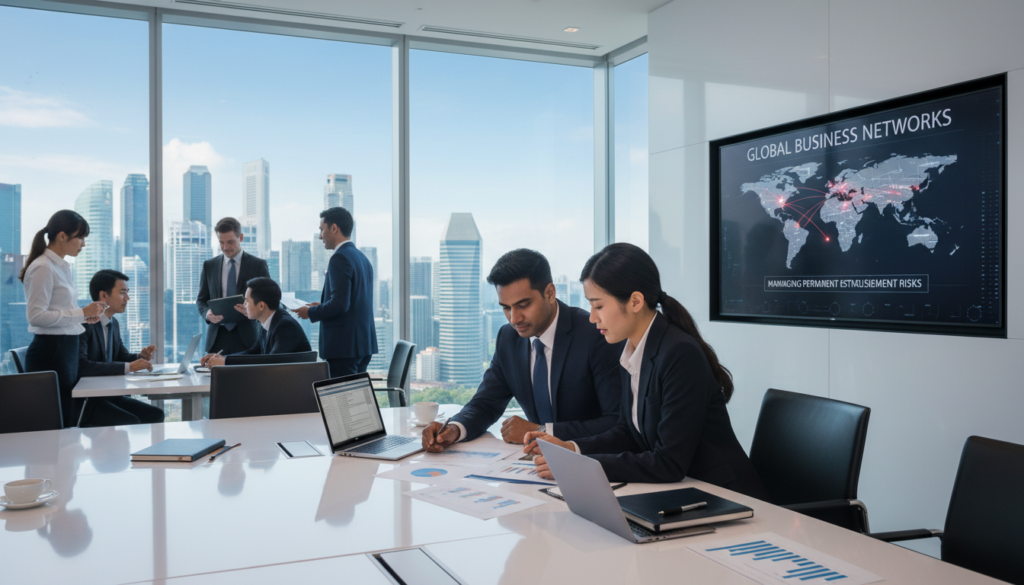 A modern office environment in Singapore, showcasing a diverse group of professionals engaged in a discussion about cross-border operations. In the foreground, a male and female employee, both in professional business attire, are analyzing documents on a sleek conference table filled with laptops and charts. The middle-ground features a large window with a view of Singapore's skyline, illuminated by soft, natural daylight. In the background, a digital screen displays a world map highlighting key international routes, symbolizing global business connections. The atmosphere is focused and dynamic, reflecting the importance of managing permanent establishment risks. The lighting is bright and inviting, creating a sense of collaboration and professionalism, captured from a slightly elevated angle for a comprehensive view. A modern office environment in Singapore, showcasing a diverse group of professionals engaged in a discussion about cross-border operations. In the foreground, a male and female employee, both in professional business attire, are analyzing documents on a sleek conference table filled with laptops and charts. The middle-ground features a large window with a view of Singapore's skyline, illuminated by soft, natural daylight. In the background, a digital screen displays a world map highlighting key international routes, symbolizing global business connections. The atmosphere is focused and dynamic, reflecting the importance of managing permanent establishment risks. The lighting is bright and inviting, creating a sense of collaboration and professionalism, captured from a slightly elevated angle for a comprehensive view.