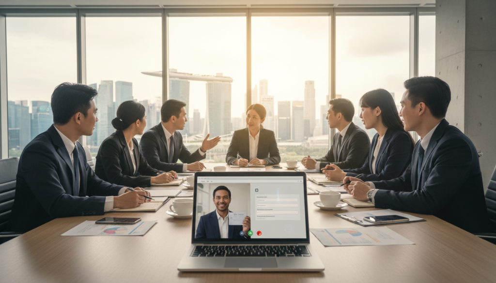 A modern office environment in Singapore, showcasing a team of diverse professionals in smart business attire, gathered around a sleek conference table. The foreground features an open laptop displaying a video call interface with subtle hints of a KYC process underway. In the middle, group members engage in focused discussions, some taking notes, with documents related to account readiness spread across the table. The background highlights a panoramic view of Singapore’s skyline through large glass windows, infused with warm, natural lighting that creates an inviting atmosphere. The scene captures a sense of readiness and professionalism, emphasizing collaboration and strategic planning for implementing Video KYC effectively. The composition should evoke a polished, high-energy vibe suitable for a corporate setting. A modern office environment in Singapore, showcasing a team of diverse professionals in smart business attire, gathered around a sleek conference table. The foreground features an open laptop displaying a video call interface with subtle hints of a KYC process underway. In the middle, group members engage in focused discussions, some taking notes, with documents related to account readiness spread across the table. The background highlights a panoramic view of Singapore’s skyline through large glass windows, infused with warm, natural lighting that creates an inviting atmosphere. The scene captures a sense of readiness and professionalism, emphasizing collaboration and strategic planning for implementing Video KYC effectively. The composition should evoke a polished, high-energy vibe suitable for a corporate setting.