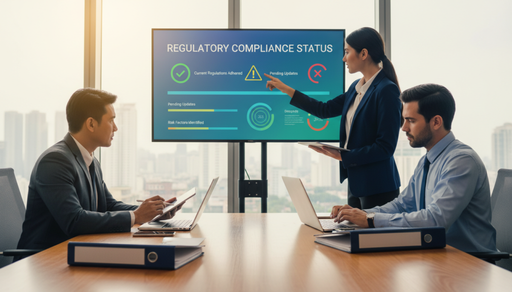 A modern office environment showcasing a digital dashboard displaying "regulatory compliance status" in a sleek, minimalist design. In the foreground, a diverse group of three professionals—two men and one woman—dressed in smart business attire, intently analyzing the dashboard. The woman is pointing at compliance metrics, while the men take notes on tablets. In the middle ground, various compliance documents and technological devices, such as laptops and smartphones, emphasize the theme of automation and efficiency. The background reveals large windows letting in natural light, creating a bright and optimistic atmosphere. The scene is captured from a slight low angle to highlight the professionals' focus and engagement, with a warm, welcoming color palette to evoke a sense of productivity and collaboration.