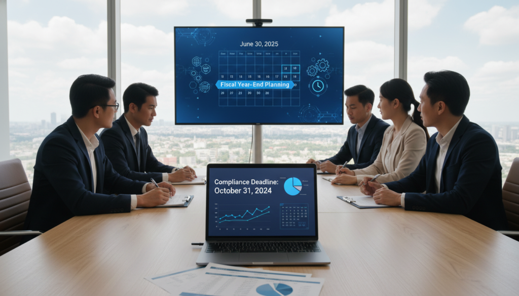 A modern office environment showcasing a diverse group of business professionals in smart business attire, engaged in a collaborative meeting around a large conference table. In the foreground, there are detailed financial documents and a laptop displaying financial graphs and compliance deadlines. In the middle ground, an elegant digital calendar on a screen highlights the fiscal year-end dates, emphasizing planning and organization. The background features large windows with a cityscape view, offering natural light that creates a bright and inspiring atmosphere. The overall mood is one of focus and productivity, captured in a photorealistic style with soft lighting. The angle is slightly above eye-level to encompass the collaborative spirit of the team and the tools essential for fiscal planning.