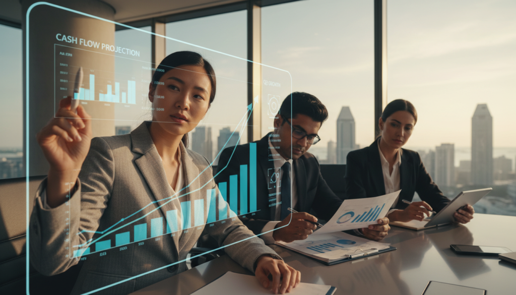 A modern office environment showcasing a diverse group of professionals in business attire, deeply engaged in a strategic cash flow meeting. In the foreground, a young woman of Asian descent points to a transparent digital screen projecting graphs and cash flow data. In the middle, a middle-aged man of South Asian descent reviews financial documents, while a Hispanic woman takes notes on a tablet, emphasizing collaboration. The background features large windows with a view of Singapore's skyline, letting in warm, natural light. The atmosphere is focused and driven, embodying a sense of urgency and determination to optimize financial planning. The composition should be photorealistic with a dynamic perspective that captures the essence of teamwork and financial strategy.