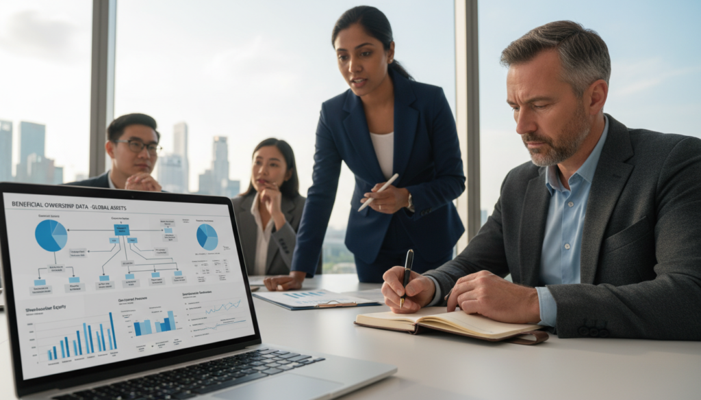 A modern office environment showcasing a diverse team of professionals engaged in a meeting about ownership information. In the foreground, a close-up of a laptop displaying a detailed chart of beneficial ownership data, featuring graphs and charts. In the middle ground, a South Asian woman in a business suit is pointing to the screen, explaining the data, while a middle-aged Caucasian man in a blazer is taking notes. The background contains a large window with a view of Singapore’s skyline, adding depth. Natural light pours in, creating a bright and inviting atmosphere. The mood is focused and collaborative, reflecting the importance of ongoing monitoring and maintaining current ownership records in a professional context. Photorealistic details highlight expressions of concentration and engagement among the team.