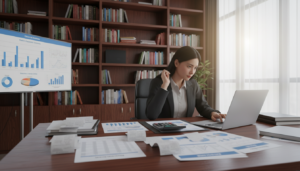 A modern office environment showcasing a sleek wooden desk in the foreground, cluttered with various business documents, financial spreadsheets, and a calculator symbolizing deductions and allowable expenses. In the middle ground, a female accountant in professional attire analyzes data on a laptop, her focused expression representing diligence in tax minimization. To the side, a wall-mounted chart displays graphs of expenses and deductions, enhancing the financial theme. Natural light filters through large windows, creating a warm and inviting atmosphere. The background features bookshelves filled with finance-related books, emphasizing knowledge and professionalism. The overall mood is one of productivity and financial clarity, with a photorealistic style that captures the essence of business efficacy.