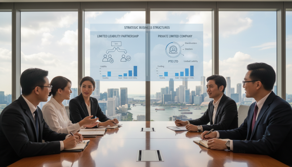 A modern office environment showcasing the concept of private limited companies, featuring a sleek conference table in the foreground with business professionals in smart attire engaged in discussion. In the middle ground, a large digital screen displays charts and diagrams comparing limited liability partnerships and private limited companies, symbolizing strategic decision-making. The background reveals large windows with a view of Singapore's skyline, emphasizing a bustling entrepreneurial atmosphere. Soft, natural lighting creates an inviting ambiance, with a focus on clarity and professionalism. The scene should be framed at eye level, ensuring depth and perspective highlight the importance of choosing the right business structure. A modern office environment showcasing the concept of private limited companies, featuring a sleek conference table in the foreground with business professionals in smart attire engaged in discussion. In the middle ground, a large digital screen displays charts and diagrams comparing limited liability partnerships and private limited companies, symbolizing strategic decision-making. The background reveals large windows with a view of Singapore's skyline, emphasizing a bustling entrepreneurial atmosphere. Soft, natural lighting creates an inviting ambiance, with a focus on clarity and professionalism. The scene should be framed at eye level, ensuring depth and perspective highlight the importance of choosing the right business structure.