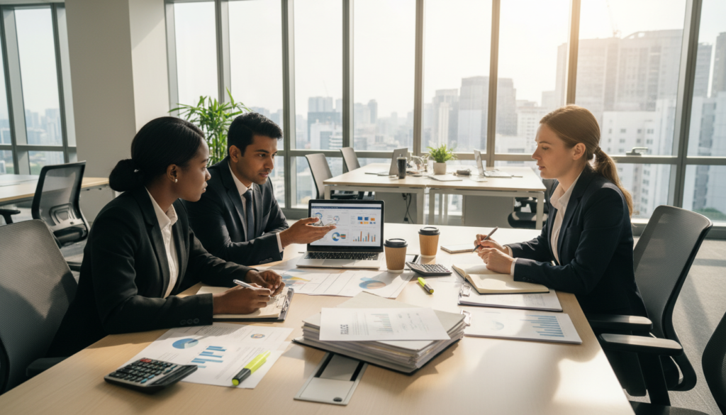 A modern office environment with a focus on financial analysis. In the foreground, a diverse group of three professionals in business attire, engaged in lively discussion over a laptop displaying spreadsheets and graphs related to input tax claims. The middle ground features a large table strewn with documents, calculators, and GST compliance checklists, enhancing the sense of collaboration. The background shows a sleek office with large windows through which natural light floods in, casting soft shadows that create a welcoming and productive atmosphere. The overall mood emphasizes diligence and clarity, reflecting the importance of IRAS GST compliance checks in Singapore. The scene should be captured from a slightly elevated angle to encompass both the professionals and their workspace effectively, resulting in a photorealistic depiction.