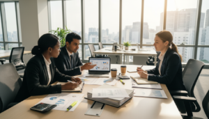 A modern office environment with a focus on financial analysis. In the foreground, a diverse group of three professionals in business attire, engaged in lively discussion over a laptop displaying spreadsheets and graphs related to input tax claims. The middle ground features a large table strewn with documents, calculators, and GST compliance checklists, enhancing the sense of collaboration. The background shows a sleek office with large windows through which natural light floods in, casting soft shadows that create a welcoming and productive atmosphere. The overall mood emphasizes diligence and clarity, reflecting the importance of IRAS GST compliance checks in Singapore. The scene should be captured from a slightly elevated angle to encompass both the professionals and their workspace effectively, resulting in a photorealistic depiction.