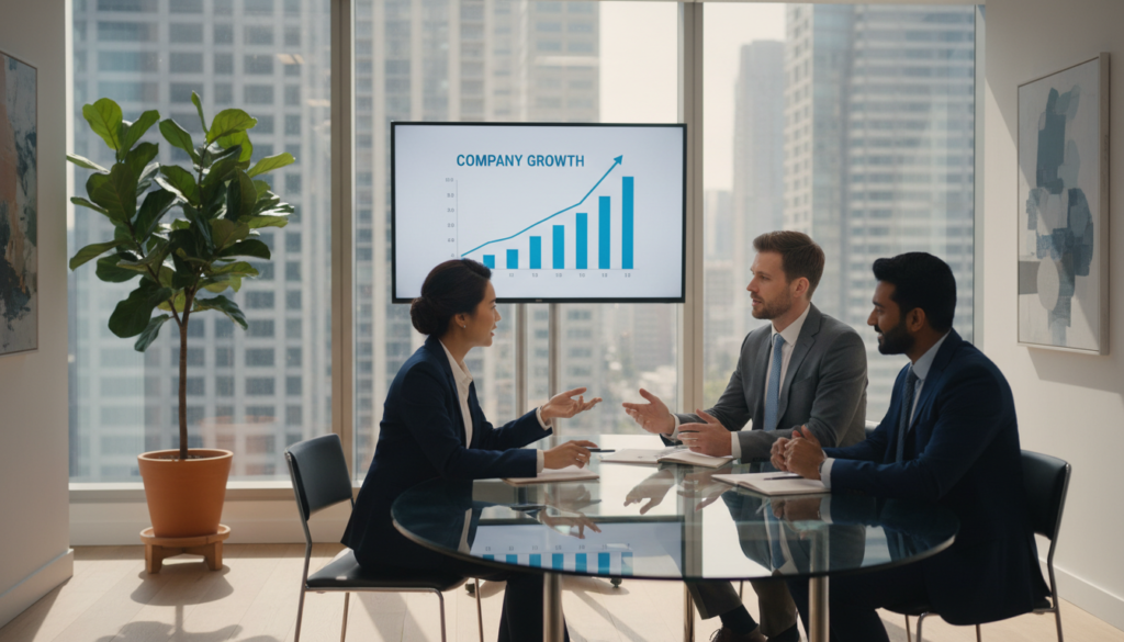 A modern office interior showcasing a private limited company atmosphere. In the foreground, a group of three diverse professionals—a Southeast Asian woman, a Caucasian man, and a South Asian man—discuss business strategies around a sleek, glass conference table. They are dressed in professional business attire: the woman in a tailored blazer and blouse, the men in sharp suits and ties. In the middle ground, a large presentation screen displays a graph illustrating company growth, while a potted plant adds a touch of greenery. The background features large windows with city views, soft natural light pouring in, creating a vibrant yet professional atmosphere. The scene captures collaboration and business energy, reflecting the essence of a private limited company.