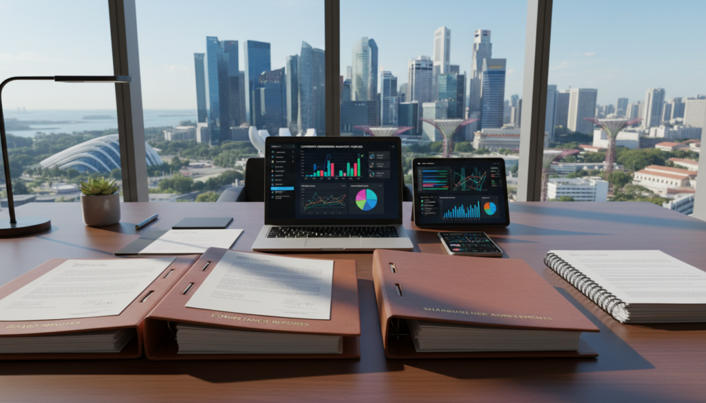 A modern office interior, showcasing a sleek wooden desk with organized files and electronic devices symbolizing digital corporate record-keeping. In the foreground, a detailed close-up of a neatly stacked set of corporate governance records in leather-bound folders, featuring documents like meeting minutes and compliance reports. In the middle, a laptop displays a digital dashboard with graphs and analytics relevant to corporate governance. The background features a large window revealing the iconic skyline of Singapore, with bright sunlight streaming in, casting soft shadows across the desk. The mood is professional and focused, capturing the essence of importance in corporate record-keeping for Singapore companies today. Photorealistic style, shot from a slightly elevated angle to convey depth and detail. A modern office interior, showcasing a sleek wooden desk with organized files and electronic devices symbolizing digital corporate record-keeping. In the foreground, a detailed close-up of a neatly stacked set of corporate governance records in leather-bound folders, featuring documents like meeting minutes and compliance reports. In the middle, a laptop displays a digital dashboard with graphs and analytics relevant to corporate governance. The background features a large window revealing the iconic skyline of Singapore, with bright sunlight streaming in, casting soft shadows across the desk. The mood is professional and focused, capturing the essence of importance in corporate record-keeping for Singapore companies today. Photorealistic style, shot from a slightly elevated angle to convey depth and detail.