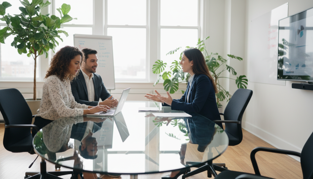 A modern office meeting room featuring a diverse group of three professionals seated around a sleek, oval glass table, engaged in a discussion. Two team members, a woman in a tailored navy suit and a man in a crisp white shirt and gray blazer, are actively sharing ideas, while a third member, a woman in a smart casual blouse, takes notes on a laptop. The bright sunlight filters through large windows, casting a warm glow across the room, enhancing the inviting atmosphere. In the background, greenery from indoor plants adds a touch of nature, creating a calm and professional vibe. This photorealistic image conveys accessibility and convenience, emphasizing collaboration in a vibrant, well-designed workspace.