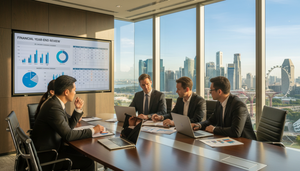 A modern office scene depicting a financial year-end review. In the foreground, a diverse group of professionals in business attire is gathered around a sleek conference table, examining financial documents and laptops. The middle ground reveals a large digital screen displaying graphs, charts, and compliance calendars relevant to Singapore's business landscape. In the background, a panoramic window shows a view of Singapore's skyline with iconic buildings under a clear blue sky. Soft natural lighting filters through the window, creating an atmosphere of focused collaboration and strategic planning. The perspective is slightly angled from above, emphasizing the dynamic interaction among the team members while maintaining a photorealistic quality.
