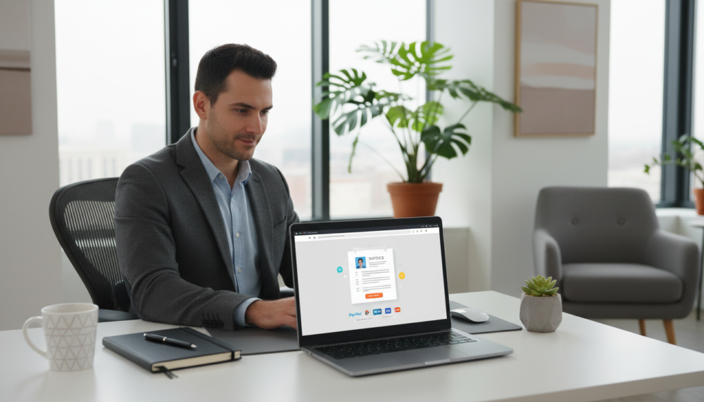 A modern office scene showcasing InvoiceNinja invoicing on a sleek, minimalistic desk. In the foreground, a laptop displays the InvoiceNinja interface with clean, user-friendly graphics highlighting the invoicing features and payment gateway options. Surrounding the laptop, neatly organized stationery and a stylish coffee mug create a professional atmosphere. In the middle, a confident business professional in smart attire, focused on their work, reviews invoices on the screen. In the background, soft natural light filters through a large window, illuminating indoor plants and contemporary decor, fostering a productive mood. The overall composition is bright and inviting, reflecting efficiency and professionalism in financial management.