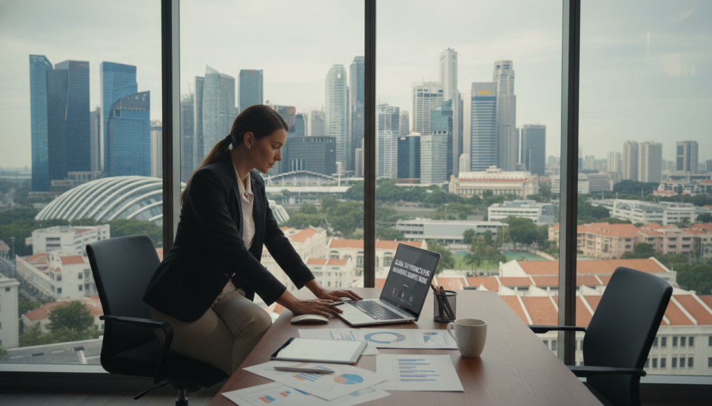 A modern office setting in Singapore, the foreground features a confident businesswoman in professional attire, focused on her laptop while sitting at a sleek desk cluttered with financial documents and a coffee mug. In the middle ground, a large window reveals the iconic Singapore skyline, highlighting skyscrapers and the lush greenery that surrounds them. Soft natural light floods the office, creating a warm, inviting atmosphere. The background consists of an urban cityscape, showcasing a blend of traditional and contemporary architecture. The overall mood is one of productivity and professionalism, emphasizing the importance of understanding tax presence and permanent establishment risks in today’s remote work environment. The image captures the balance of business and innovation in a vibrant metropolis. A modern office setting in Singapore, the foreground features a confident businesswoman in professional attire, focused on her laptop while sitting at a sleek desk cluttered with financial documents and a coffee mug. In the middle ground, a large window reveals the iconic Singapore skyline, highlighting skyscrapers and the lush greenery that surrounds them. Soft natural light floods the office, creating a warm, inviting atmosphere. The background consists of an urban cityscape, showcasing a blend of traditional and contemporary architecture. The overall mood is one of productivity and professionalism, emphasizing the importance of understanding tax presence and permanent establishment risks in today’s remote work environment. The image captures the balance of business and innovation in a vibrant metropolis.