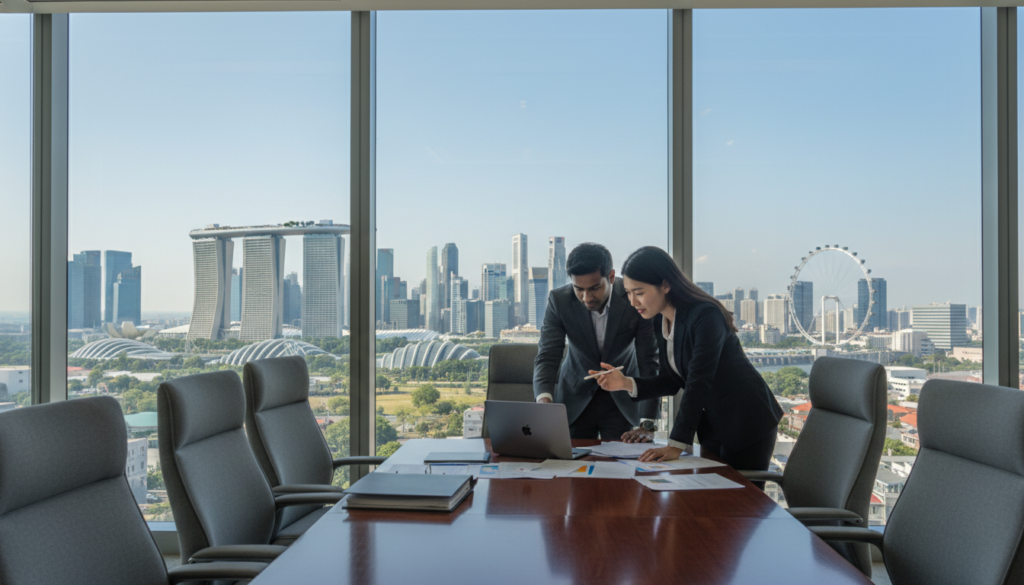 A modern office setting representing a Private Limited Company (Pte Ltd) in Singapore, with a sleek conference room as the foreground, featuring a polished wooden table surrounded by elegant high-backed chairs. In the middle ground, two diverse business professionals, a man and a woman, dressed in sharp business attire, are discussing documents and examining a laptop. The background shows a large window with a panoramic view of Singapore’s skyline, filled with iconic buildings like Marina Bay Sands, under clear blue skies. The atmosphere is focused and professional, with soft, natural lighting illuminating the scene, creating a photorealistic effect.