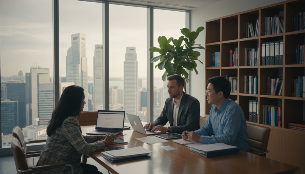 A modern office setting showcasing a limited liability partnership (LLP) in Singapore. In the foreground, a diverse group of three professionals in business attire—a South Asian woman, a Caucasian man, and a Chinese man—are engaged in a discussion around a conference table, with laptops and documents spread out. The middle ground features a large glass window that offers a view of Singapore’s skyline, adding a sense of location and modernity. The background includes sleek office decor, an open bookshelf filled with legal books, and a large potted plant, contributing to an atmosphere of collaboration and professionalism. The lighting is bright and inviting, casting soft shadows, evoking a productive and dynamic mood. Photorealistic details enhance the professionalism of the scene.