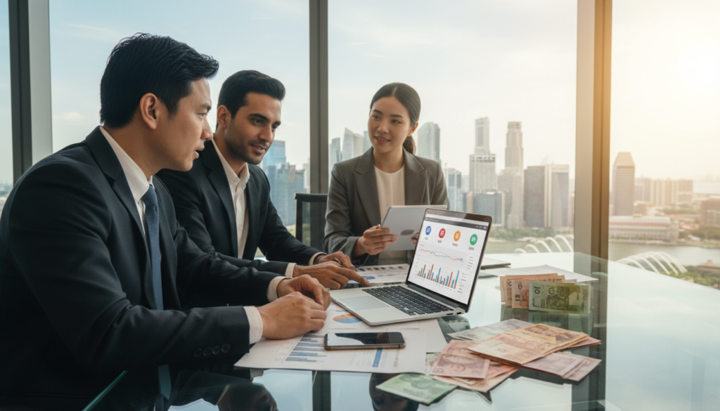 A modern office setting showcasing a multi-currency account management system. In the foreground, a diverse group of three professionals—two men and one woman—are engaged in a discussion, all dressed in smart business attire. They examine a sleek laptop displaying various currency icons and graphs related to payment operations. The middle ground features a stylish glass table with financial documents, currency notes from different countries, and a smartphone displaying a currency conversion app. In the background, large windows let in natural light, illuminating a bustling Singapore skyline. Soft, warm lighting creates an inviting mood, while a lens flare effect adds a touch of professionalism, conveying efficiency and innovation in currency exchange processes.