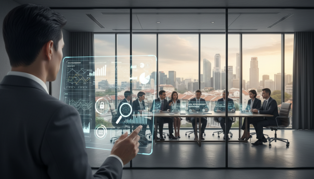 A modern office setting showcasing transparency identification in a professional context. In the foreground, a business professional in a tailored suit analyzing a digital screen with graphical representations of data flows and compliance charts. In the middle ground, a bright conference room featuring a large glass table surrounded by diverse professionals collaborating on AML compliance strategies, all in business attire. The background displays large windows with a skyline view of Singapore, emphasizing the city's blend of tradition and modernity. Soft natural lighting filters in, creating a focused and engaging atmosphere. The overall mood conveys diligence and professionalism amidst a landscape of regulatory change in 2025.