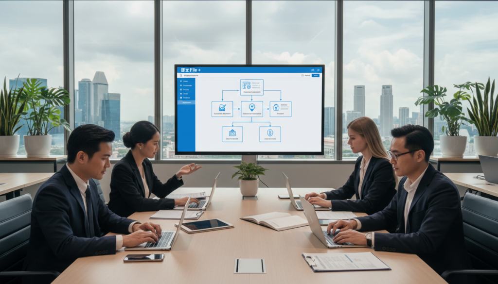 A modern office setting with a sleek, high-tech vibe, featuring a large computer screen displaying the BizFile+ interface. In the foreground, a diverse group of professionals in business attire, focusing intently on their laptops, depicting a sense of collaboration and engagement. In the middle ground, a conference table with documents, tablets, and digital devices, showcasing the online incorporation process. The backdrop includes large windows with a view of Singapore’s skyline and a well-organized workspace filled with plants for a touch of greenery. Soft, natural lighting pours in from the windows, creating an uplifting atmosphere, with a wide-angle lens capturing the dynamic and innovative environment of a digital company incorporation process.