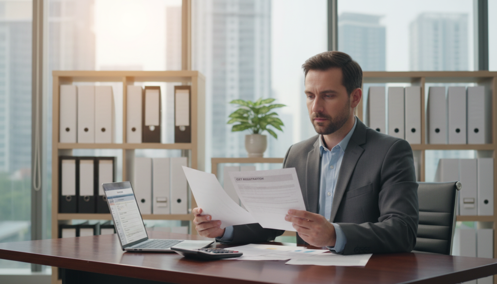 A modern office setting with a sleek wooden desk in the foreground, showcasing a laptop displaying tax forms and a calculator. A focused business professional in formal attire sits at the desk, reviewing GST registration documents, with a thoughtful expression. In the middle ground, shelves lined with neatly organized files and a potted plant add a touch of warmth, while a large window in the background showcases a cityscape, letting in natural sunlight that fills the space with a bright, inviting atmosphere. The overall mood is one of productivity and professionalism, highlighting the importance of confirming GST registration and compliance. The image is photorealistic with soft, diffused lighting, emphasizing the details of the workspace.