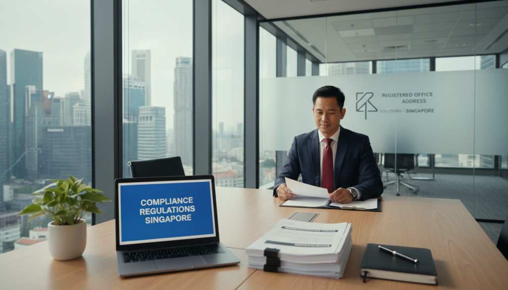 A modern office space emphasizing the concept of compliance and professionalism in Singapore. In the foreground, a well-organized desk features a laptop displaying compliance documents and a potted plant, symbolizing a balanced work environment. In the middle ground, a professional businessperson dressed in formal attire, engaged in reviewing papers, exudes focus and peace of mind. The background showcases a sleek office building with panoramic windows revealing the bustling cityscape of Raffles Place, bathed in soft, natural light filtering through. The atmosphere is serene and productive, highlighting the importance of a registered office address for businesses. The image should be photorealistic, captured from a slightly elevated angle to provide depth.