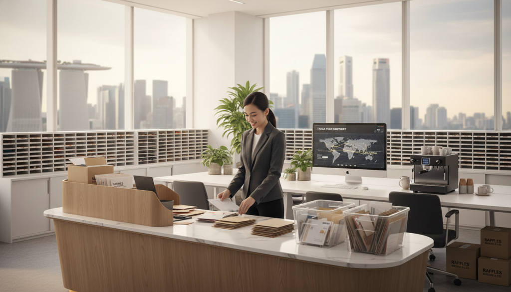 A modern office space in Singapore, focused on mail handling and forwarding, featuring a sleek reception area with a stylish desk. In the foreground, a professional woman in business attire is sorting mail, surrounded by neatly organized packages and envelopes. The middle ground displays a modern workspace with mail slots, a digital postal tracking screen, and a coffee machine, creating a warm, inviting atmosphere. In the background, large windows offer a view of Singapore’s skyline, with soft, natural light streaming in, illuminating the scene. The overall mood is efficient and professional, showcasing the daily operations of a serviced office environment at Raffles Place.