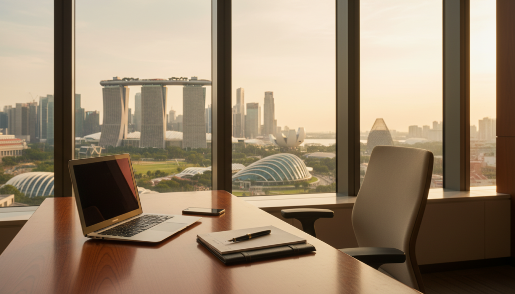 A modern office space in Singapore, showcasing a sleek and professional virtual office environment. In the foreground, a polished wooden desk with a high-end laptop open, a smartphone, and a stylish notepad. In the middle ground, a comfortable ergonomic chair positioned at the desk, with a view of the city skyline through large glass windows. The background features a vibrant urban landscape, including iconic Singaporean buildings like Marina Bay Sands and the Esplanade, softly illuminated by ambient natural lighting during golden hour. The atmosphere is one of focus and professionalism, emphasizing the importance of location in business decisions. The scene is captured from a slight angle, using a wide-angle lens to convey depth and openness, creating a photorealistic image.