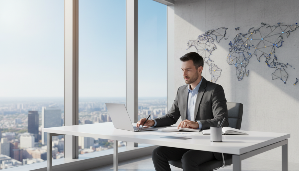 A modern office space with a sleek desk featuring a laptop, papers, and a stylish pen, symbolizing a virtual registered office setup. In the foreground, include a businessperson dressed in professional attire, focused on their work, conveying a sense of diligence and compliance. In the middle, an abstract world map on the wall illustrates global connections, highlighting the concept of a virtual office. The background showcases a cityscape through large windows, with clear blue skies and sunlight streaming in, adding warmth and positivity to the scene. Use soft, natural lighting to create a welcoming and professional atmosphere. The image should be photorealistic, capturing the essence of modern business practices without any text or distractions.