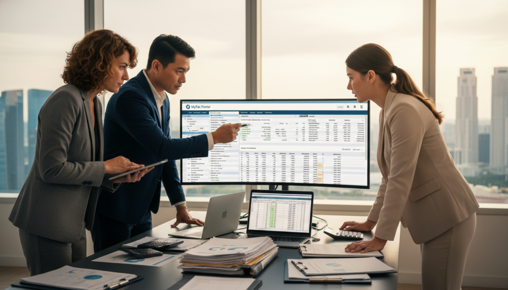 A modern office workspace featuring a large computer screen displaying the MyTax Portal interface with detailed GST return forms and accounting records. In the foreground, a diverse group of three professionals, one male and two females, are engaged in a serious discussion while reviewing the screen, all dressed in smart business attire. The middle of the scene includes a sleek desk cluttered with financial documents, calculators, and a laptop. In the background, large windows let in natural light, illuminating the space with a warm glow, and providing a view of Singapore’s skyline. The mood is focused and professional, emphasizing diligence in tax compliance and financial accuracy, captured in a photorealistic style with a slightly elevated angle for depth.