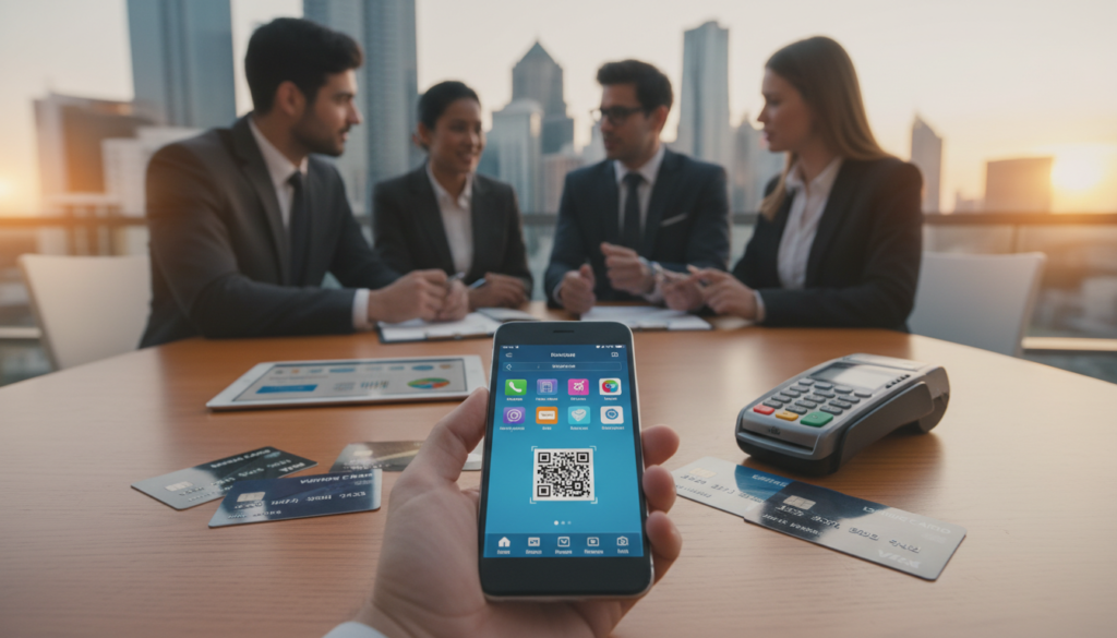 A modern, photorealistic depiction of various payment methods used in business transactions, prominently featuring a sleek smartphone with a digital wallet display in the foreground. Scattered across a polished wooden table are credit cards, a tablet showing a mobile payment app, and a contactless payment terminal, arranged artfully to highlight accessibility and convenience. In the middle ground, a diverse group of business professionals, dressed in smart business attire, engages in a discussion, illustrating collaboration on financial decisions. In the background, soft-focus silhouettes of a busy city skyline convey a dynamic business atmosphere. The lighting is warm and inviting, creating an optimistic and professional mood, captured from a slightly elevated angle to provide depth and clarity. A modern, photorealistic depiction of various payment methods used in business transactions, prominently featuring a sleek smartphone with a digital wallet display in the foreground. Scattered across a polished wooden table are credit cards, a tablet showing a mobile payment app, and a contactless payment terminal, arranged artfully to highlight accessibility and convenience. In the middle ground, a diverse group of business professionals, dressed in smart business attire, engages in a discussion, illustrating collaboration on financial decisions. In the background, soft-focus silhouettes of a busy city skyline convey a dynamic business atmosphere. The lighting is warm and inviting, creating an optimistic and professional mood, captured from a slightly elevated angle to provide depth and clarity.