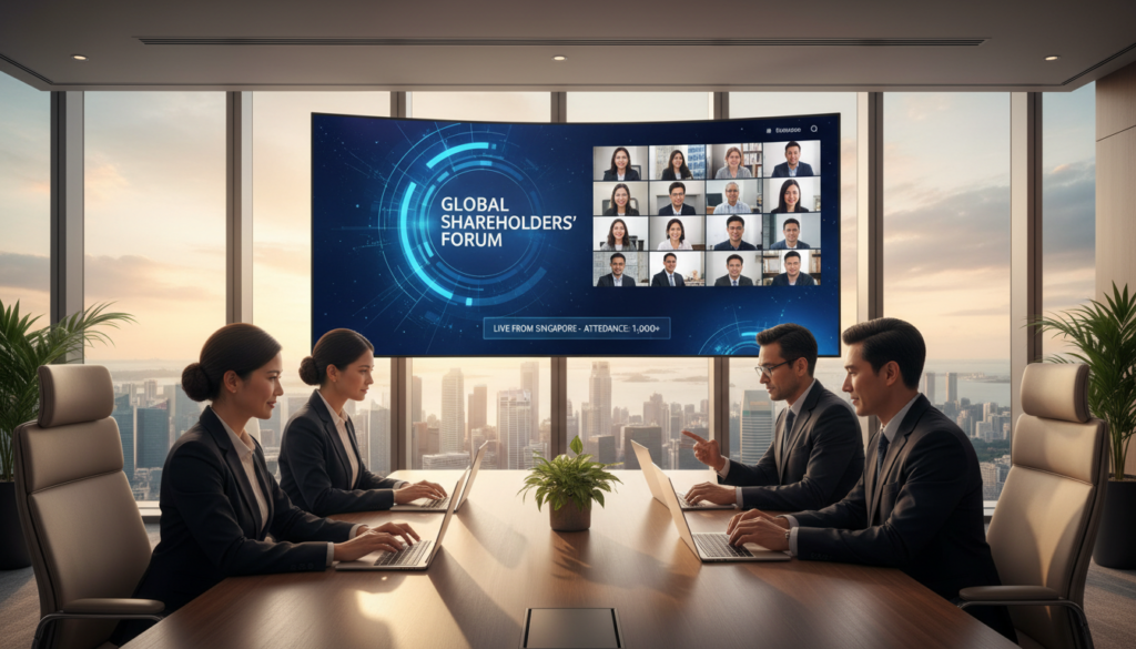 A modern, photorealistic scene of a virtual shareholder meeting set in a sleek, contemporary conference room. In the foreground, a diverse group of four business professionals (two men and two women) are engaged in a video call using high-tech laptops, dressed in smart business attire. In the middle, a large screen displays a digital meeting interface with multiple participants visible, emphasizing a hybrid meeting environment. The background features large windows overlooking Singapore's skyline, allowing natural light to filter in and create a bright, professional atmosphere. The mood is collaborative and forward-thinking, showcasing the integration of technology in business practices. Use warm lighting to enhance the inviting feel of the space.