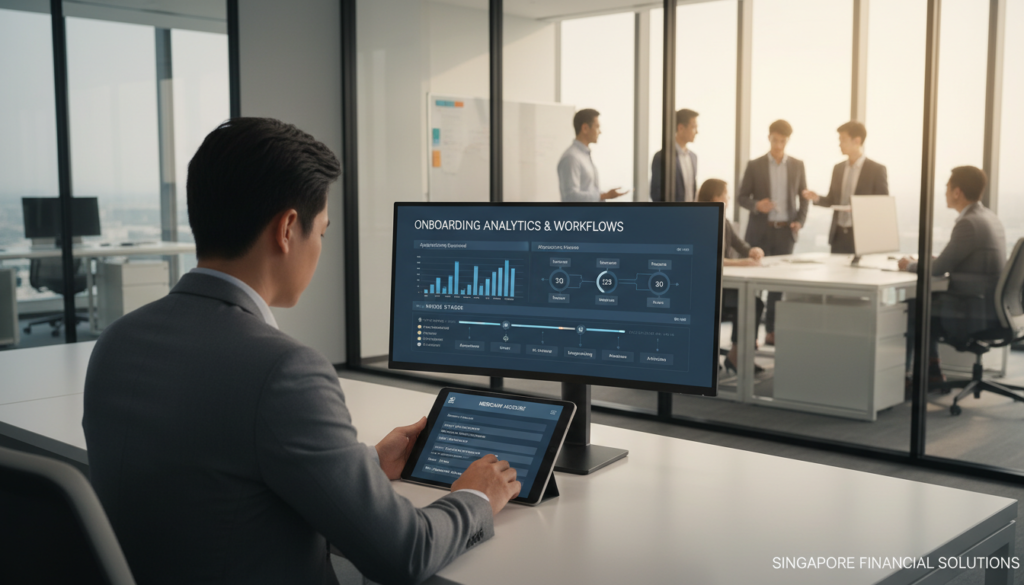 A modern, sleek office environment showcasing a professional setting for setting up a merchant account. In the foreground, a focused individual in business attire sits at a stylish desk, intently reviewing a digital tablet displaying a merchant account profile interface. The middle layer features a large computer screen showing detailed analytics and workflows related to onboarding processes. In the background, glass walls reveal a bustling office space with colleagues collaborating. Soft, warm lighting creates an inviting atmosphere, highlighting the professionalism of the scene. The camera angle is slightly elevated, capturing both the individual and the screens clearly, with a photorealistic finish that emphasizes the seriousness of the subscription payment setup process in Singapore. A modern, sleek office environment showcasing a professional setting for setting up a merchant account. In the foreground, a focused individual in business attire sits at a stylish desk, intently reviewing a digital tablet displaying a merchant account profile interface. The middle layer features a large computer screen showing detailed analytics and workflows related to onboarding processes. In the background, glass walls reveal a bustling office space with colleagues collaborating. Soft, warm lighting creates an inviting atmosphere, highlighting the professionalism of the scene. The camera angle is slightly elevated, capturing both the individual and the screens clearly, with a photorealistic finish that emphasizes the seriousness of the subscription payment setup process in Singapore.