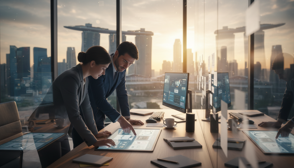 A modern solutions platform depicted in a sleek, photorealistic workspace. In the foreground, a diverse group of three professionals, dressed in business attire, engage in a collaborative discussion around a large digital tablet showcasing various app interfaces. The middle layer features a contemporary desk filled with high-tech gadgets, notebooks, and coffee cups, symbolizing a busy remote workflow. In the background, a large window with a view of Singapore's skyline bathed in warm afternoon light filters through, creating a bright and inviting atmosphere. The overall mood conveys innovation, teamwork, and efficiency in a vibrant start-up environment, with soft shadows and reflections enhancing the realism of the scene. A modern solutions platform depicted in a sleek, photorealistic workspace. In the foreground, a diverse group of three professionals, dressed in business attire, engage in a collaborative discussion around a large digital tablet showcasing various app interfaces. The middle layer features a contemporary desk filled with high-tech gadgets, notebooks, and coffee cups, symbolizing a busy remote workflow. In the background, a large window with a view of Singapore's skyline bathed in warm afternoon light filters through, creating a bright and inviting atmosphere. The overall mood conveys innovation, teamwork, and efficiency in a vibrant start-up environment, with soft shadows and reflections enhancing the realism of the scene.