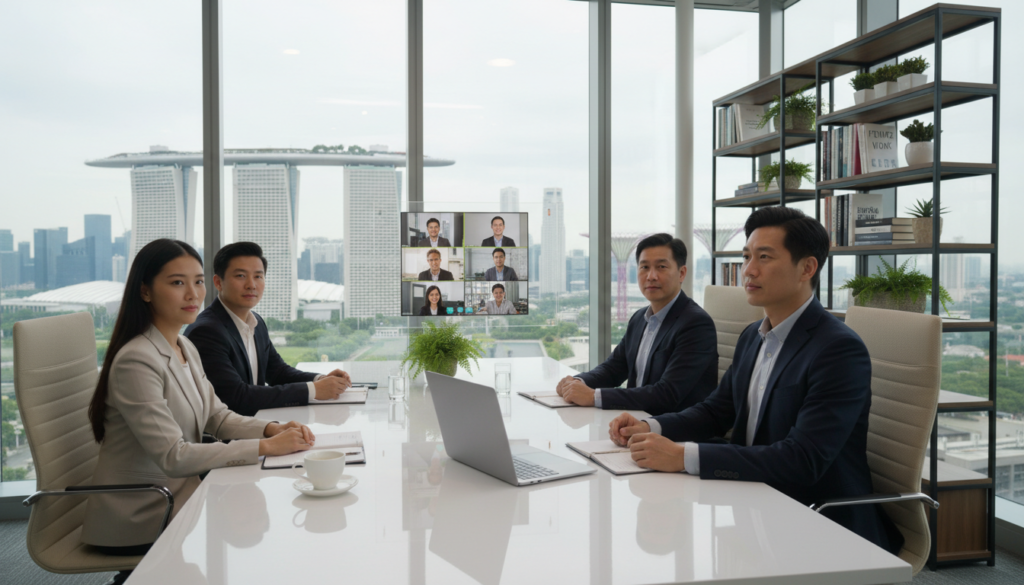 A modern virtual office environment, featuring a sleek, stylish desk with a high-tech laptop open and documents spread elegantly. In the foreground, a diverse group of professionals, dressed in business attire, are engaged in a video conference via a large screen. The users exhibit focus and enthusiasm, with a notepad and coffee cups beside them. In the middle ground, a contemporary bookshelf filled with business literature and plants adds a touch of warmth. The background showcases a panoramic city view of Singapore through large glass windows, bathed in soft, natural daylight that enhances the productive atmosphere. The overall mood is inspiring and professional, reflecting the concept of virtual office solutions. Photorealistic rendering with a focus on detail and clarity.