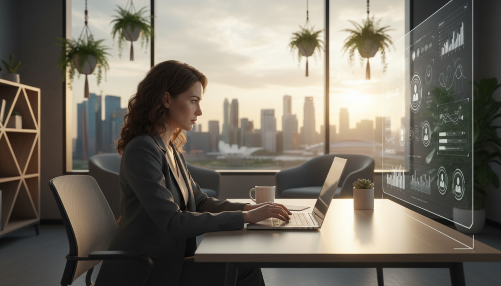 A modern virtual office environment showcasing a sleek and well-organized workspace. In the foreground, a professional woman in business attire is sitting at a stylish desk, typing on a laptop with a focused expression. The middle layer features a large window with natural light spilling in, illuminating the room filled with plants and contemporary office furniture. To the right, a digital screen displays virtual networking tools and data analytics, highlighting efficiency. The background reveals a city skyline, hinting at Singapore’s urban scenery. The overall atmosphere feels productive and inviting, with soft, warm lighting that enhances the professional ambiance. Capture this scene with a depth-of-field effect, emphasizing the foreground subject while slightly blurring the background.