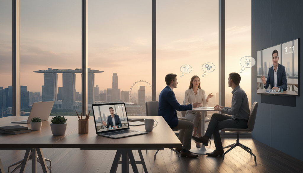 A modern virtual office environment showcasing various office services. In the foreground, a sleek desk with a high-quality laptop open, surrounded by organized stationery and a potted plant. In the middle, diverse professionals in smart business attire collaborate over a video call, discussing strategy and ideas. The background features a large window with a view of Singapore's skyline, bathing the room in natural light, enhancing productivity. The overall atmosphere is focused and professional, with a hint of modern elegance. The lighting is bright but soft, creating an inviting and efficient workspace. A polished wooden floor complements the contemporary furniture, ensuring a clean and sophisticated look. The image should be photorealistic, capturing the essence of virtual office services perfectly.