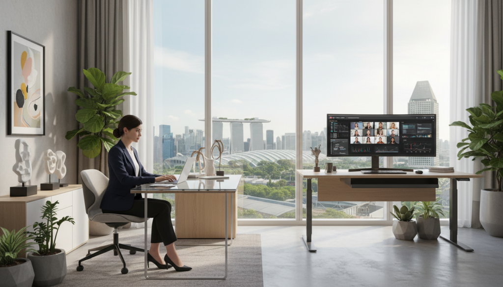 A modern virtual office interior showcasing sleek furniture and high-tech equipment. In the foreground, a professional businesswoman in smart attire is focused on her laptop, surrounded by potted plants and contemporary decor. The middle ground features a stylish desk with a large monitor displaying virtual meetings and collaborative tools. A vibrant city skyline can be seen through large windows in the background, hinting at Singapore's urban landscape. Soft, natural lighting illuminates the space, creating an inviting atmosphere. The overall mood conveys professionalism and innovation, reflecting the growing trend of virtual offices as a viable alternative to physical spaces for business compliance and growth.