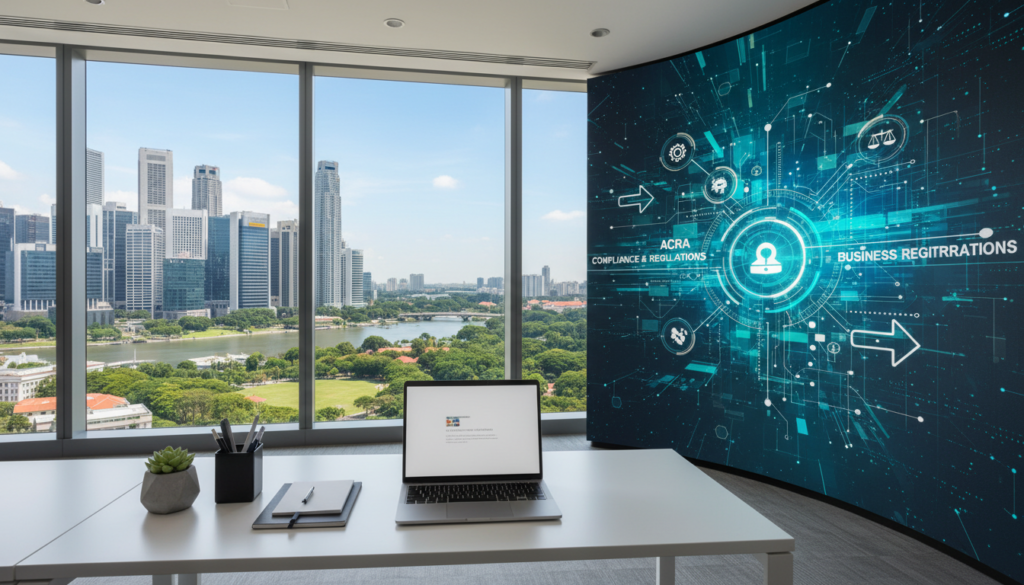 A modern virtual office setting in Singapore, featuring a sleek desk with a laptop, stationery, and a potted plant in the foreground. In the middle ground, a large window showcases the cityscape with tall skyscrapers and greenery, indicating a vibrant business environment. The background displays a digital screen with abstract representations of corporate compliance and regulations, emphasizing the ACRA rules. The lighting is bright and natural, creating an inviting atmosphere. The image should convey professionalism and innovation, showcasing a hybrid of traditional office elements with high-tech features in a photorealistic style. No people are present in the image, ensuring a clean focus on the office environment.
