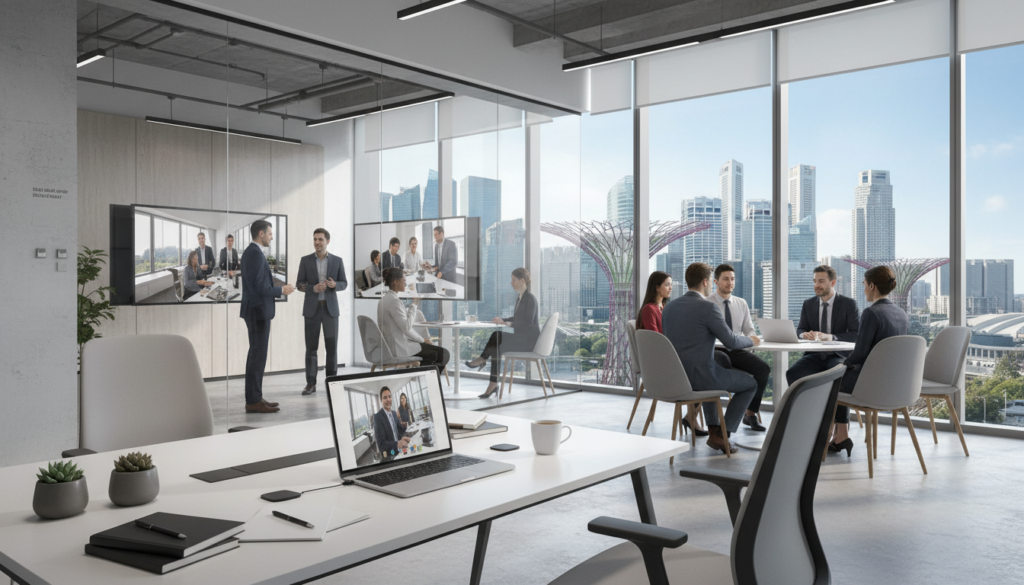 A modern virtual office setting in Singapore, featuring a sleek, minimalist design with contemporary furniture. In the foreground, a well-organized desk with a laptop, notebooks, and a coffee mug exudes professionalism. In the middle, an elegant glass partition separates workspaces, showcasing professionals in business attire engaged in video calls and discussions. Natural light pours in through large windows, casting soft shadows and creating a warm atmosphere. The background reveals a vibrant skyline of Singapore with iconic buildings like Marina Bay Sands visible through the glass. The overall mood is productive and inspiring, reflecting a dynamic work environment that conforms to modern compliance standards. Photorealistic rendering, bright and inviting lighting, with a focus on professionalism and collaboration.