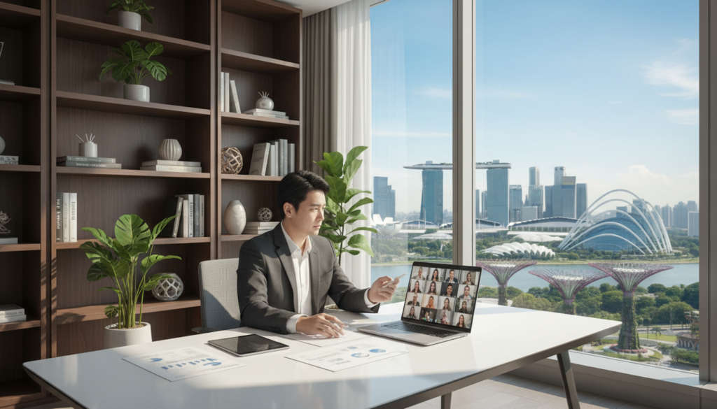 A modern virtual office setting in Singapore, showcasing a sleek, minimalist design. In the foreground, a professional-looking person in business attire, sitting at a stylish desk with a laptop and documents, engaging in a video conference. The middle layer features an elegant backdrop of a well-organized home workspace with plants, bookshelves, and a large window that allows natural light to flood in. The background displays a view of Singapore's skyline, with notable buildings to highlight local architecture. The lighting is bright and inviting, creating a productive atmosphere. Use a captured angle that emphasizes both the workspace and the city view, aiming for a photorealistic quality that conveys professionalism and compliance.