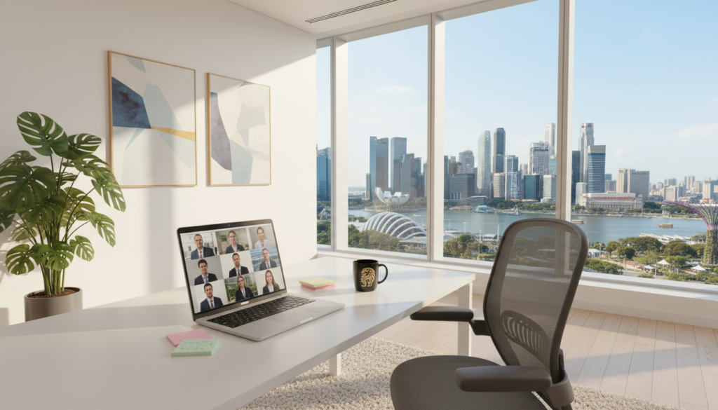 A modern virtual office setup in Singapore, showcasing a sleek desk with a laptop, a stylish ergonomic chair, and potted plants. In the foreground, an open laptop displays a virtual meeting in progress, while scattered notes and a coffee cup add a touch of personalization. The middle ground features a bright, spacious office space with a large window allowing natural light to flood in, highlighting the contemporary decor with minimalist art on the walls. In the background, a bustling city skyline of Singapore can be seen through the window, emphasizing a sense of connectivity and modernity. The atmosphere is professional yet inviting, with warm lighting that creates a productive mood, captured from a slightly elevated angle for an engaging perspective.