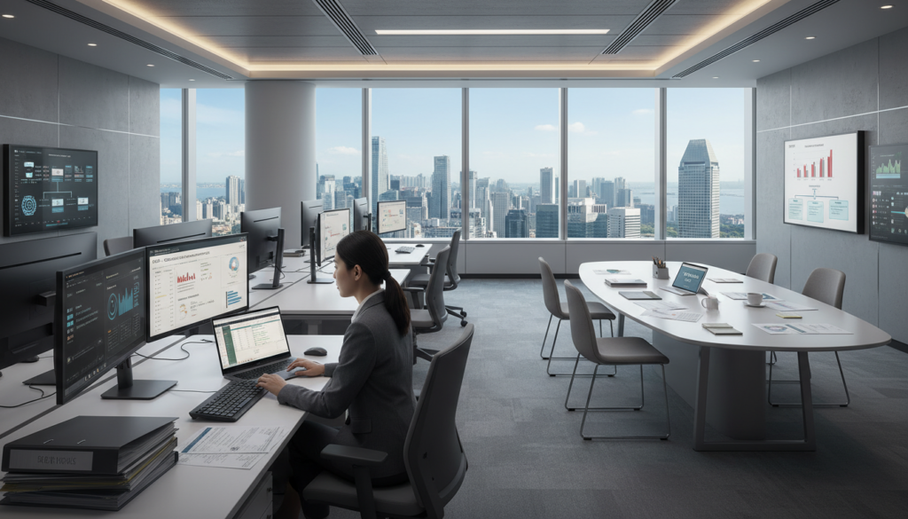 A modern virtual office space in Singapore, emphasizing compliance and audit preparations, with an open-plan layout showcasing sleek desks, high-tech computers, and digital collaboration tools. In the foreground, a professional woman in business attire is focused on a laptop, reviewing compliance documents related to the IRAS audit risk. In the middle, a well-organized meeting table with charts and reports illustrating compliance gaps. The background features large windows with a view of the Singapore skyline, illuminated by natural sunlight to create a bright and optimistic atmosphere. The lighting is warm and inviting, instilling a sense of professionalism and readiness. The image exudes a mood of diligence and seriousness regarding compliance in an ultra-modern setting.