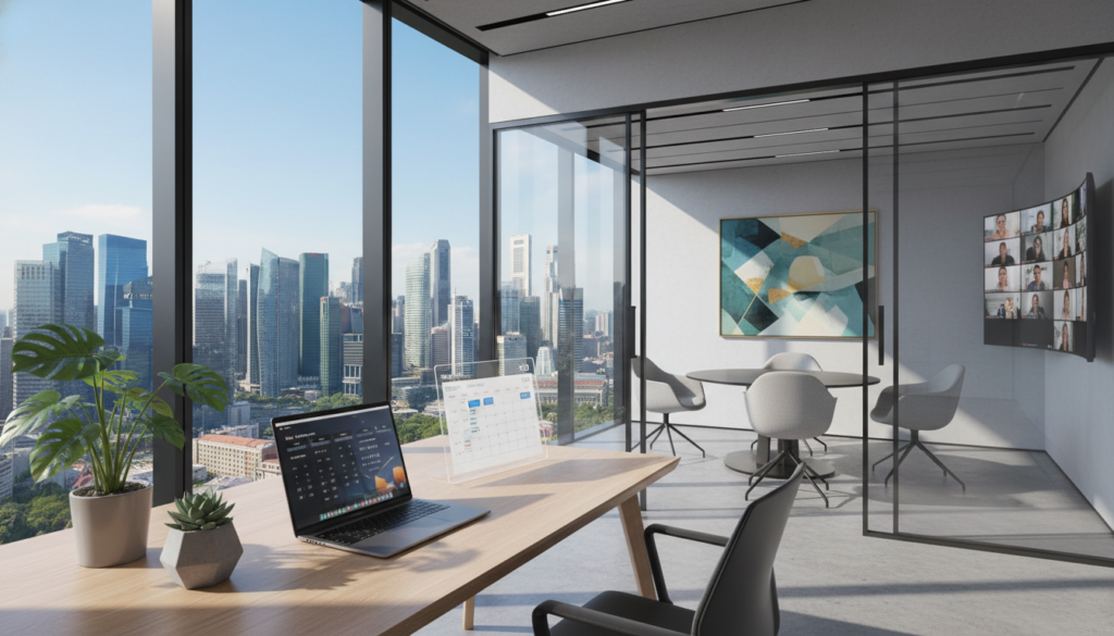 A modern virtual office space in Singapore showcasing an elegant workspace that contrasts with a traditional physical office in the background. In the foreground, a sleek desk with a laptop, potted plants, and a digital calendar displaying various meetings. The middle ground features a glass door leading to a virtual meeting room with abstract art and contemporary furniture. The background shows the bustling Singapore skyline, with iconic skyscrapers under a clear blue sky. The lighting is soft and natural, casting gentle shadows to create a warm atmosphere. The scene conveys professionalism and innovation, emphasizing the benefits of a virtual office over a physical space. Photorealistic style, shot from a slightly elevated angle with a wide lens to capture depth.