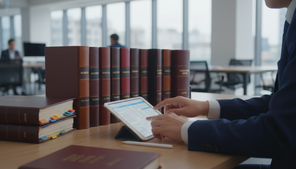 A photorealistic close-up of an open office desk adorned with neatly arranged statutory registers, showcasing various types, including a register of members and a register of directors. The registers feature elegant leather-bound covers, with visible but non-readable tabbed sections indicating their distinct purposes. In the foreground, a person in professional business attire is scrolling through digital documents on a tablet, symbolizing the transition from physical to digital compliance. The middle background displays a modern office environment with large windows allowing soft, natural daylight to flood the scene. Slight reflections on a polished wooden surface enhance the sense of professionalism. The mood is focused and organized, capturing the essence of meticulous corporate record-keeping. A photorealistic close-up of an open office desk adorned with neatly arranged statutory registers, showcasing various types, including a register of members and a register of directors. The registers feature elegant leather-bound covers, with visible but non-readable tabbed sections indicating their distinct purposes. In the foreground, a person in professional business attire is scrolling through digital documents on a tablet, symbolizing the transition from physical to digital compliance. The middle background displays a modern office environment with large windows allowing soft, natural daylight to flood the scene. Slight reflections on a polished wooden surface enhance the sense of professionalism. The mood is focused and organized, capturing the essence of meticulous corporate record-keeping.
