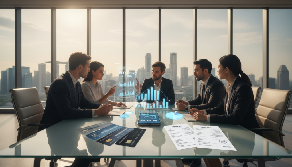 A photorealistic composition depicting a modern office setting focused on payments. In the foreground, a diverse group of professionals in business attire is gathered around a high-tech conference table, analyzing graphs on a digital screen showing recurring billing statistics. In the middle, various payment methods like credit cards, mobile payment apps, and invoices are displayed, emphasizing efficiency and innovation in billing. The background features large windows with a view of Singapore's skyline, bathed in warm afternoon light that casts soft shadows, creating a productive and motivating atmosphere. The image conveys a sense of collaboration and professionalism, ideal for illustrating key features of recurring billing services.