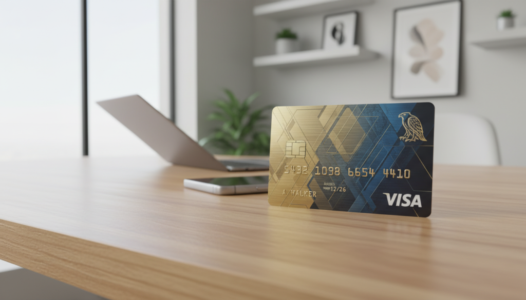 A photorealistic credit card prominently displayed in the foreground, featuring an elegant design with metallic hues and embossed details. The card is placed on a sleek, modern wooden desk that captures soft, diffused natural light filtering in from a nearby window, creating a warm and inviting atmosphere. In the middle ground, a smartphone and a laptop are subtly visible, emphasizing a tech-savvy environment. The blurred background hints at an office setting with minimalist decor, conveying professionalism and efficiency. The overall mood is sophisticated and contemporary, reflecting the importance of selecting the right payment method. Focus on sharp details of the card's texture and design, with a shallow depth of field to draw attention to it while keeping the surrounding elements muted and harmonious. A photorealistic credit card prominently displayed in the foreground, featuring an elegant design with metallic hues and embossed details. The card is placed on a sleek, modern wooden desk that captures soft, diffused natural light filtering in from a nearby window, creating a warm and inviting atmosphere. In the middle ground, a smartphone and a laptop are subtly visible, emphasizing a tech-savvy environment. The blurred background hints at an office setting with minimalist decor, conveying professionalism and efficiency. The overall mood is sophisticated and contemporary, reflecting the importance of selecting the right payment method. Focus on sharp details of the card's texture and design, with a shallow depth of field to draw attention to it while keeping the surrounding elements muted and harmonious.
