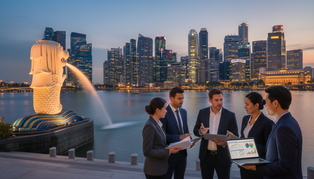 A photorealistic depiction of Singapore's skyline at dusk, emphasizing the Marina Bay Sands and the Merlion statue in the foreground. In the middle ground, a diverse group of professionals in business attire are engaged in a discussion, holding laptops and documents that symbolize international tax matters. The background features a clear view of the cityscape with skyscrapers twinkling in the evening light. Soft ambient lighting creates an inviting atmosphere, while reflections on the water add depth to the scene. The camera angle is slightly elevated, capturing both the individuals and the iconic buildings, highlighting the theme of managing foreign jurisdiction tax exposure in a globalized business environment.
